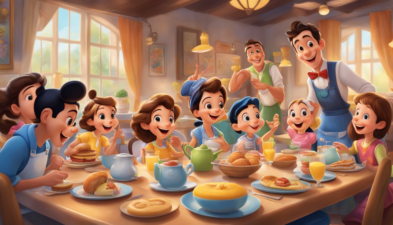 A cheerful Disney character greets guests at a breakfast table, surrounded by colorful dishes and eager diners