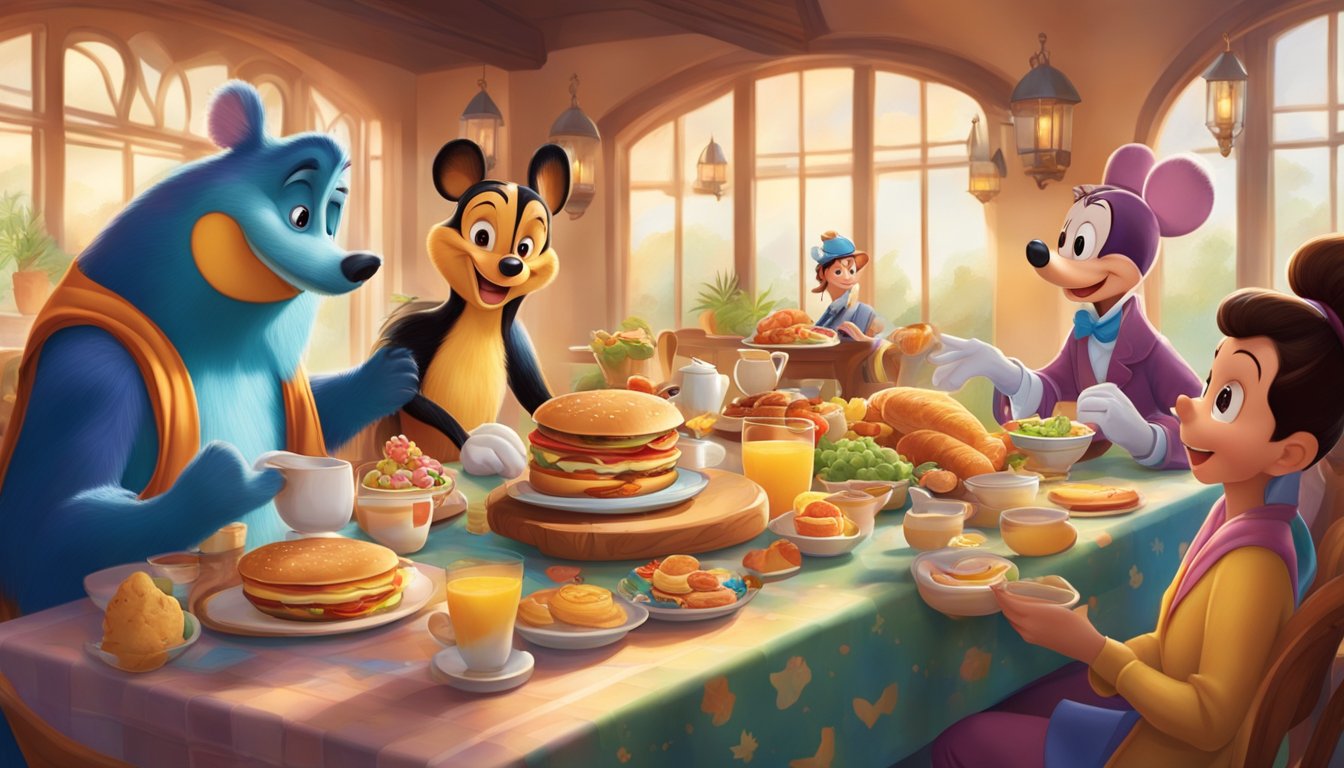 A colorful and lively breakfast setting with iconic Disney characters interacting with guests at a beautifully set table with delicious food and cheerful atmosphere