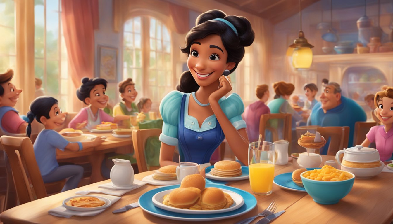 A Disney character sits at a breakfast table, smiling and engaging with guests. The table is set with colorful dishes and the atmosphere is cheerful and inviting