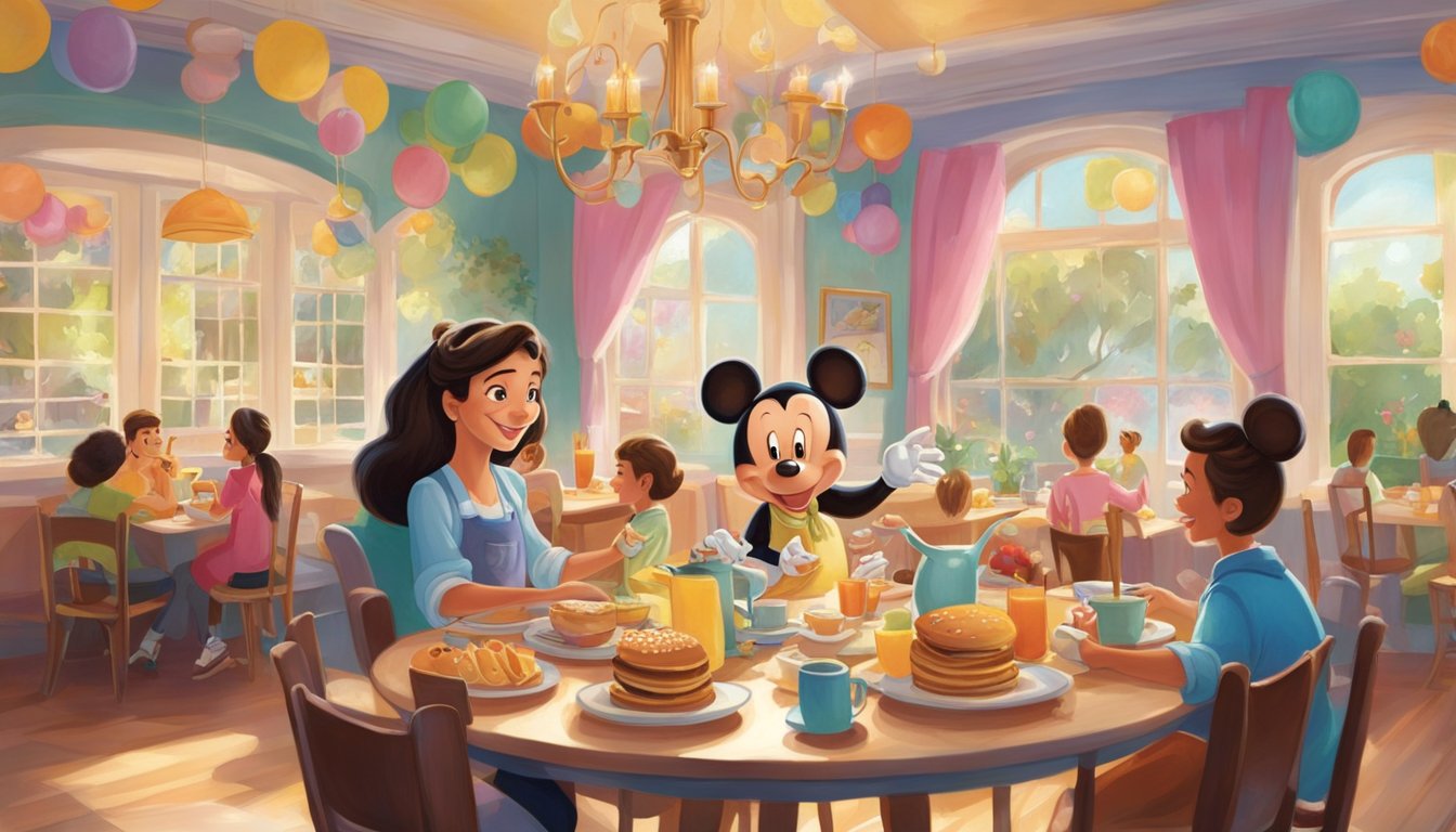 A Disney character serves breakfast in a whimsical dining room filled with colorful decorations and cheerful patrons