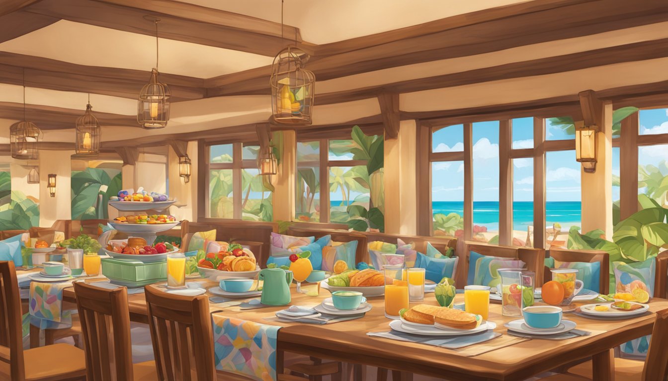 The dining area is set with colorful character-themed tableware and decorations, creating a cheerful and inviting ambiance for a character breakfast at Aulani