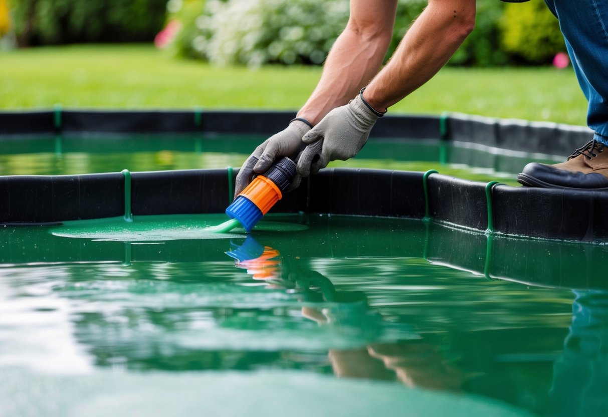 A pond being coated with liquid rubber, showing the application process and the finished waterproof surface