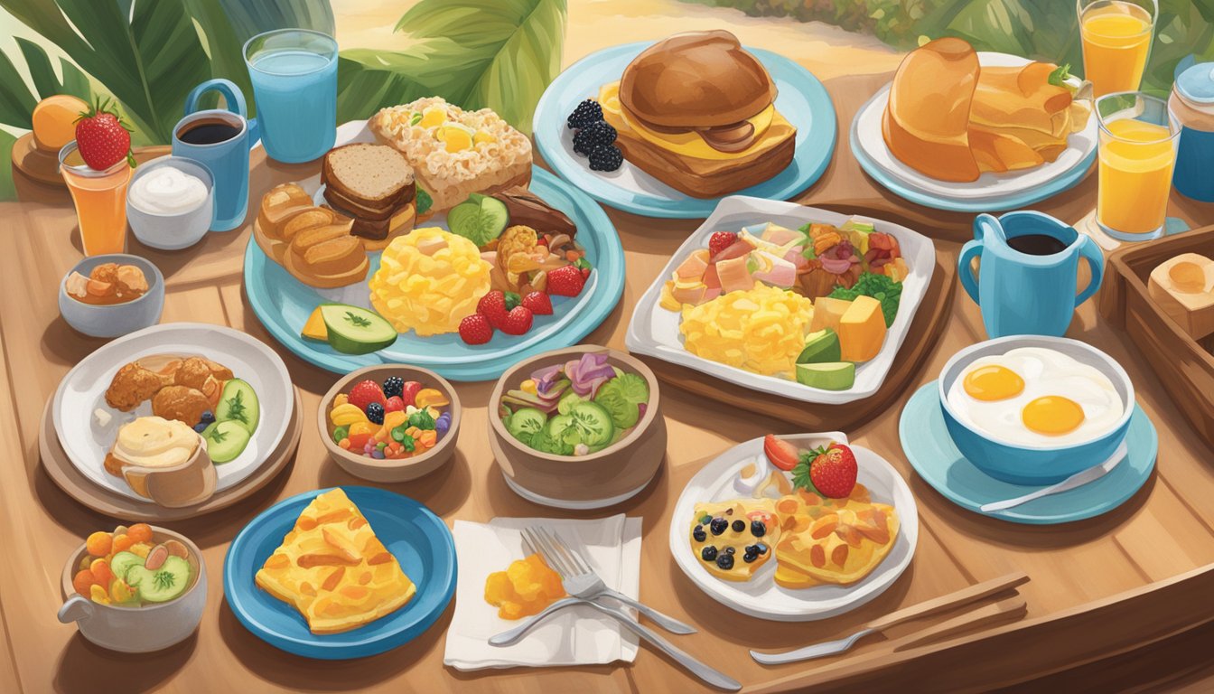 A vibrant table set with a variety of character-themed breakfast dishes at Aulani resort