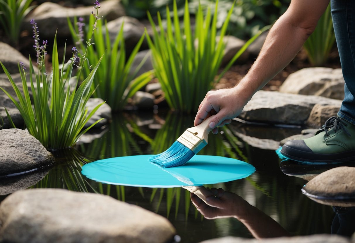 A pond surrounded by rocks and plants, with a person applying liquid rubber to the surface with a brush