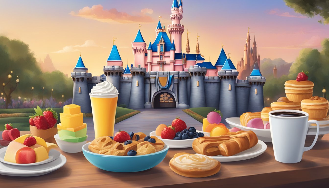 A colorful display of grab-and-go breakfast options at Disneyland, including pastries, fruit, and coffee, set against a backdrop of the iconic castle