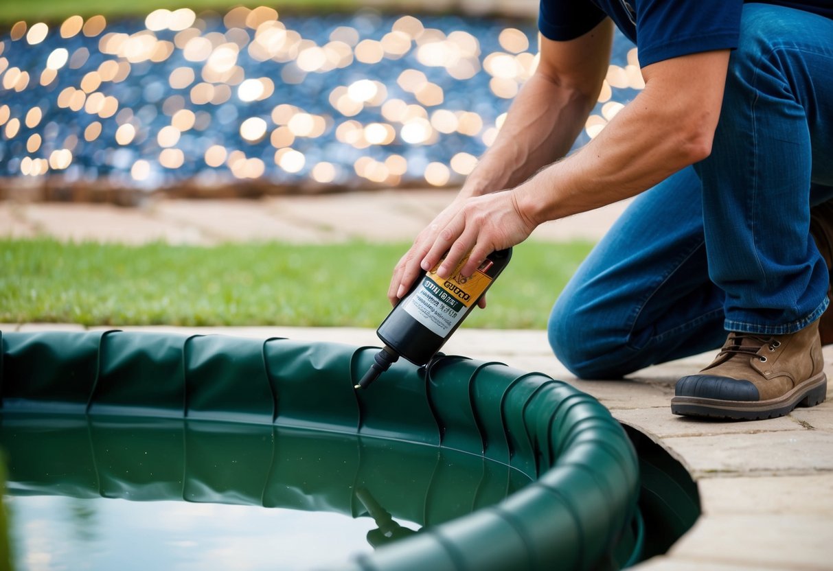 A person applies liquid rubber to a pond liner, creating a waterproof seal