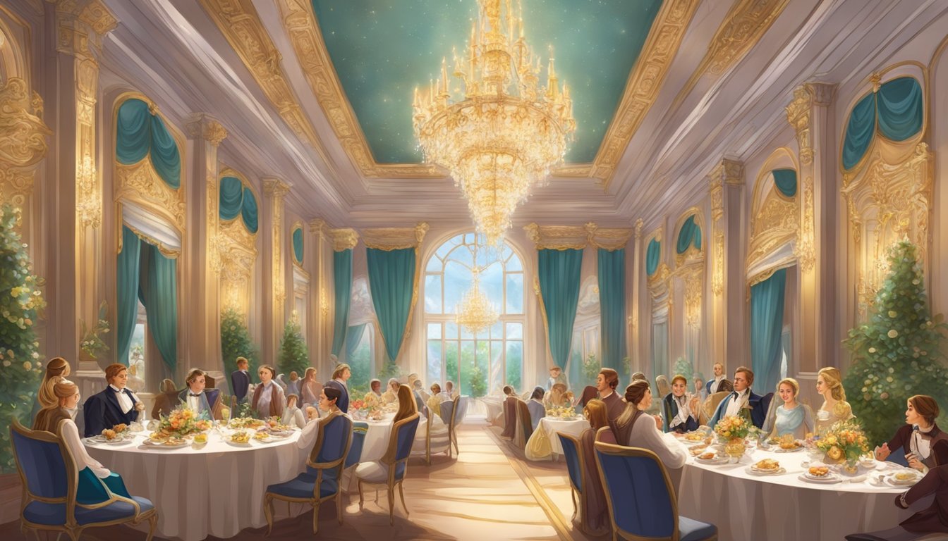 A grand banquet hall adorned with regal decor, where a princess enjoys a lavish breakfast surrounded by loyal subjects and enchanting music