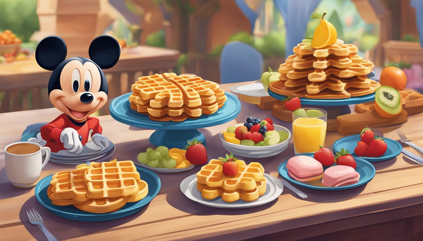 A colorful display of Mickey-shaped waffles, pastries, and fruit platters on a festive table at Disneyland