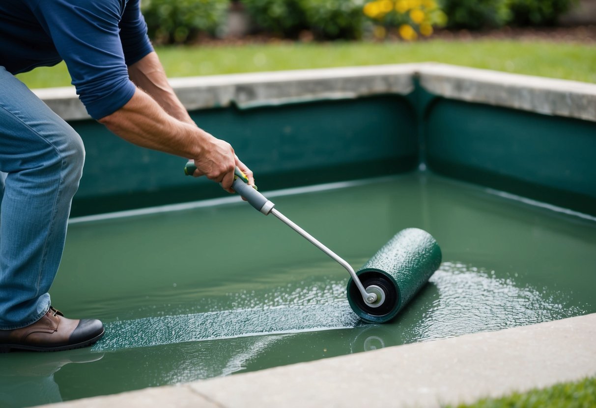 A concrete pond being coated with liquid rubber, with a person applying the waterproofing material using a roller or brush