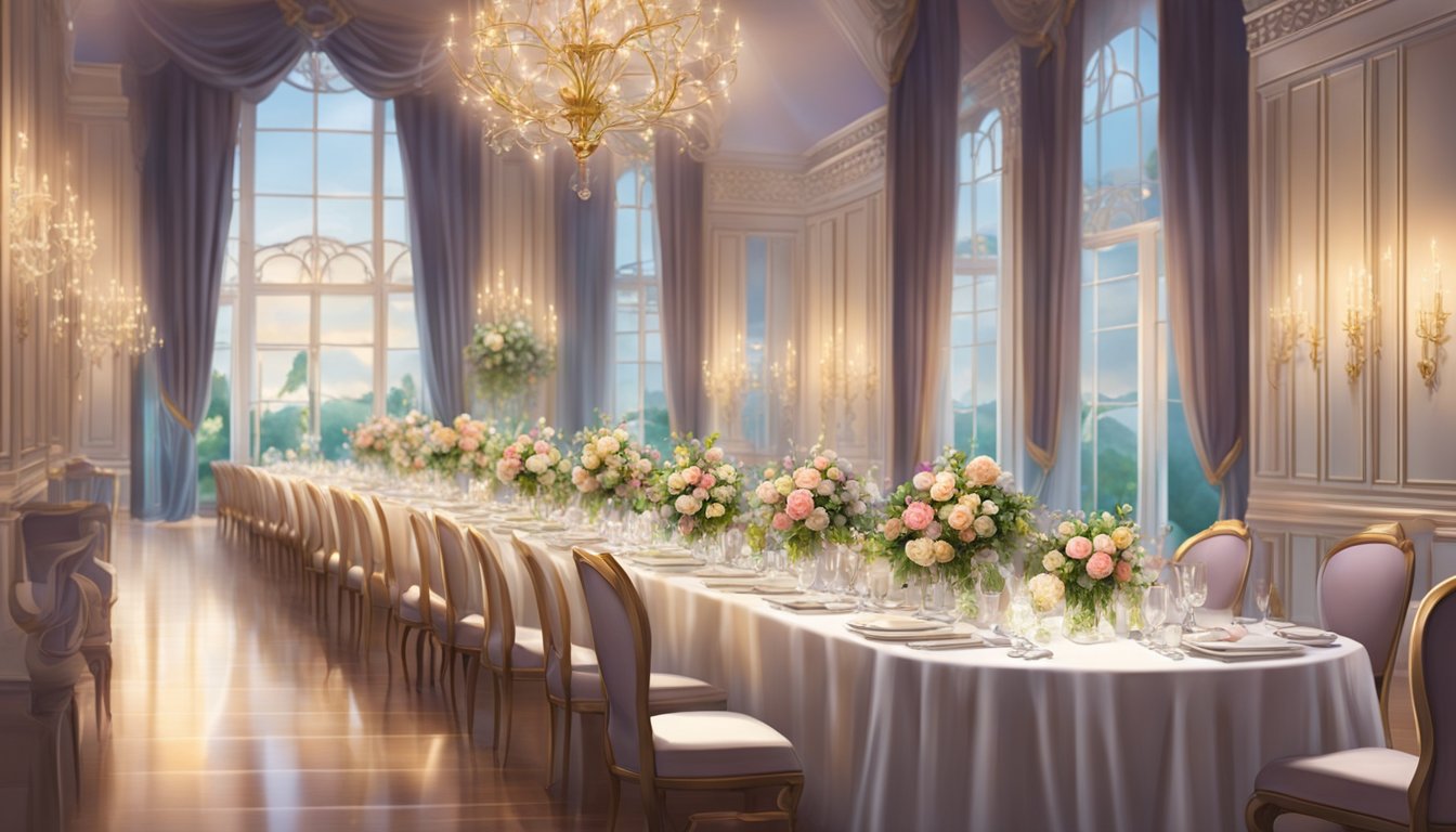 A grand dining room filled with elegant tables and chairs, adorned with beautiful floral arrangements and soft lighting, creating a magical atmosphere