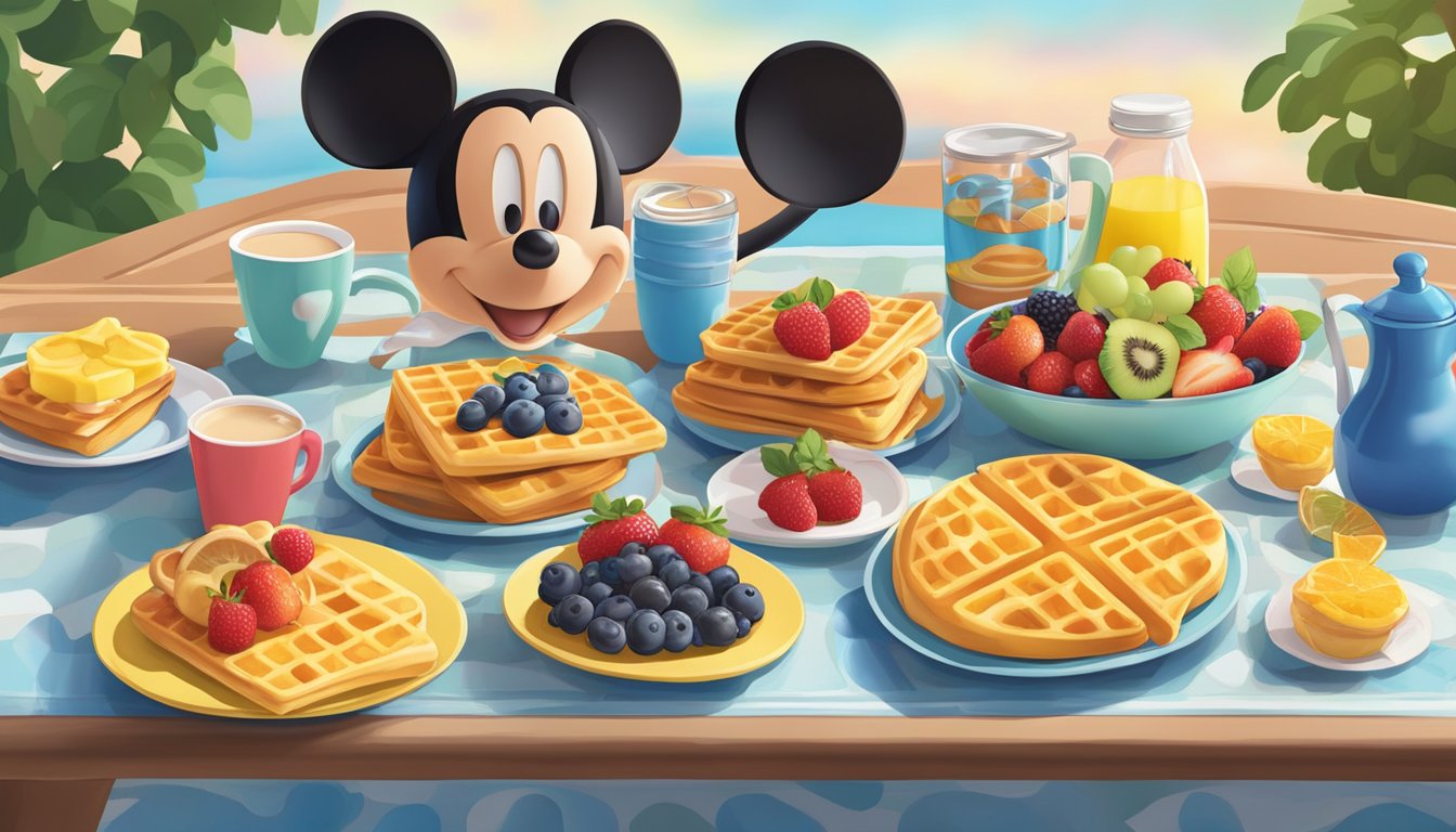 A colorful Disneyland breakfast spread with Mickey-shaped waffles, fresh fruit, and pastries on a cheerful table setting