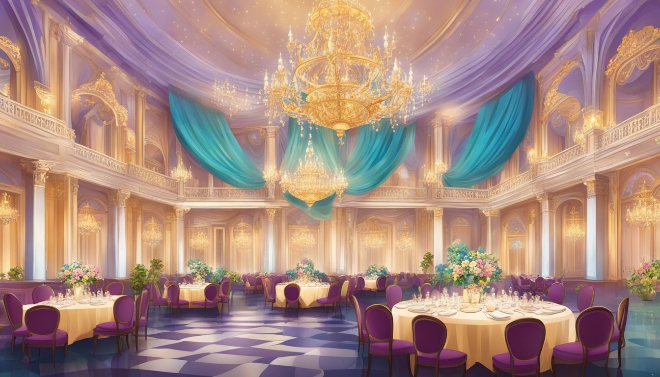 A grand ballroom with ornate chandeliers and elegant dining tables, surrounded by colorful banners and princess-themed decorations