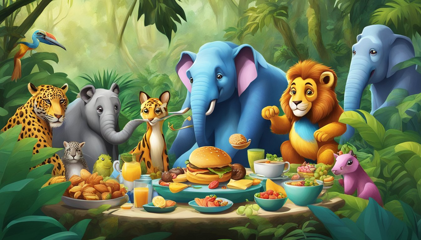 A group of colorful animal characters gather around a table set with breakfast foods in a lush jungle setting