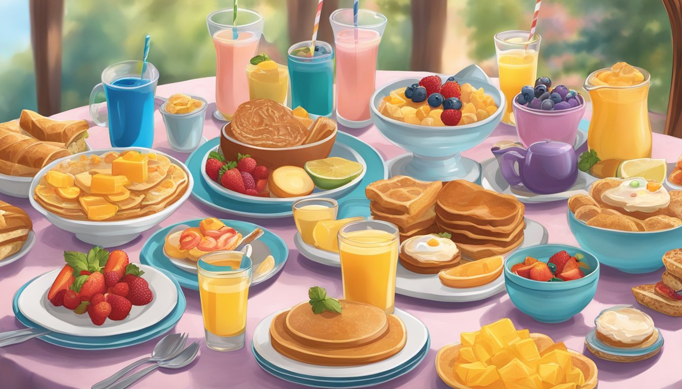 A table set with a colorful spread of breakfast foods and Disney-themed dishes at Magic Kingdom's character breakfast