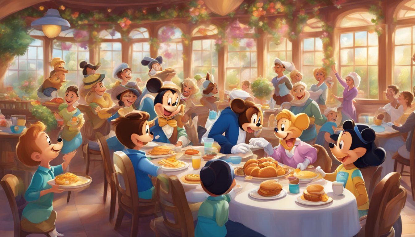 A joyful character breakfast at Epcot, with beloved Disney characters interacting with guests at themed tables, surrounded by colorful decorations and delicious food