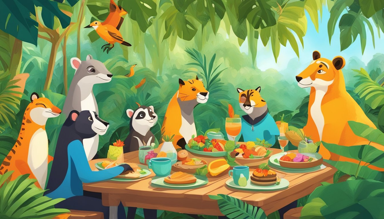 Characters gather for breakfast in a vibrant jungle setting with lush greenery and playful animals. Tables are set with colorful dishes and cheerful decorations