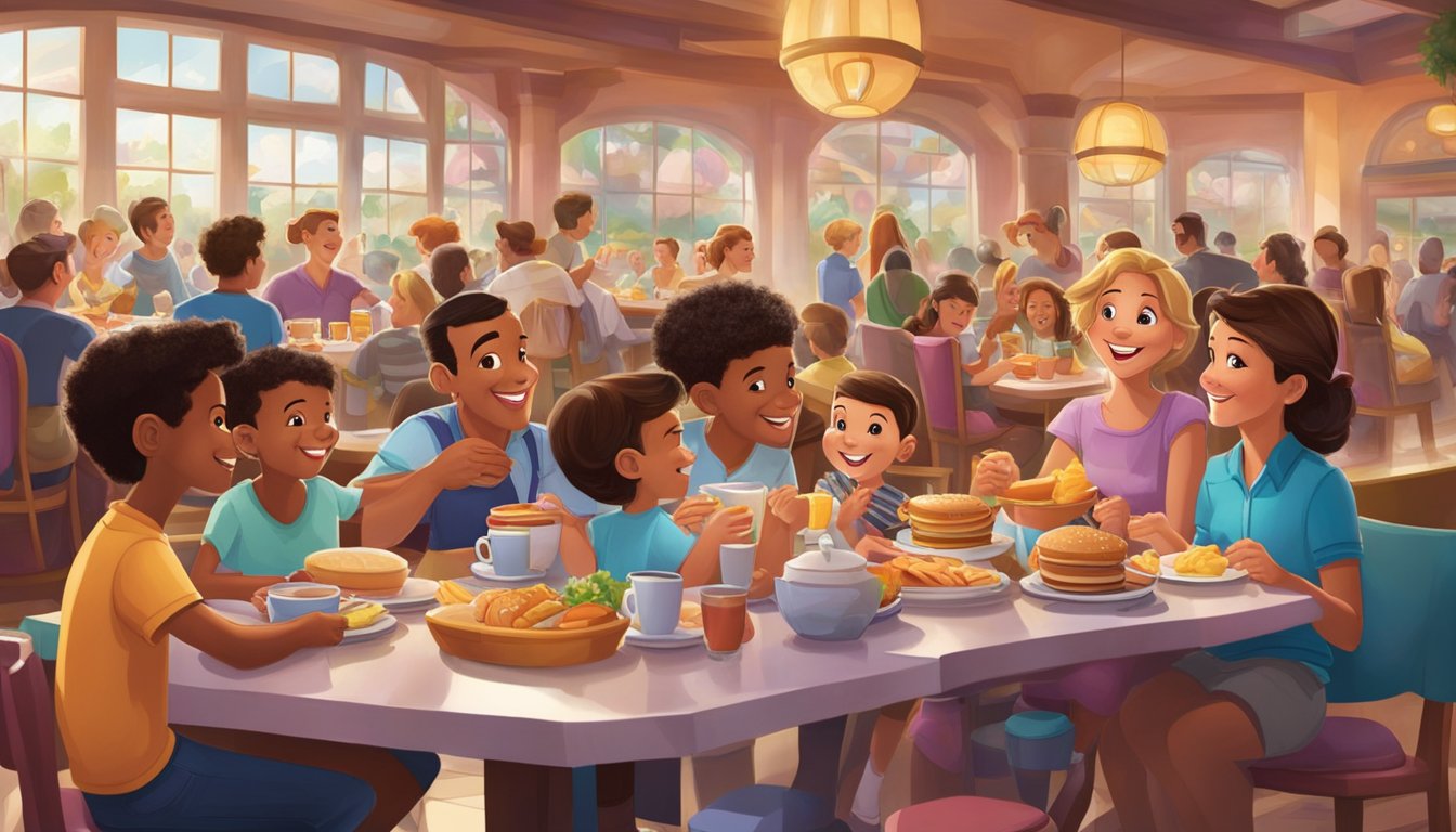 Families enjoying a character breakfast at Epcot, with Disney characters interacting with guests at their tables in a vibrant and lively restaurant setting