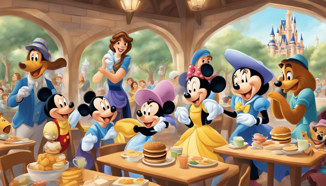 Famous Disney characters interact with children at a lively breakfast event in the Magic Kingdom