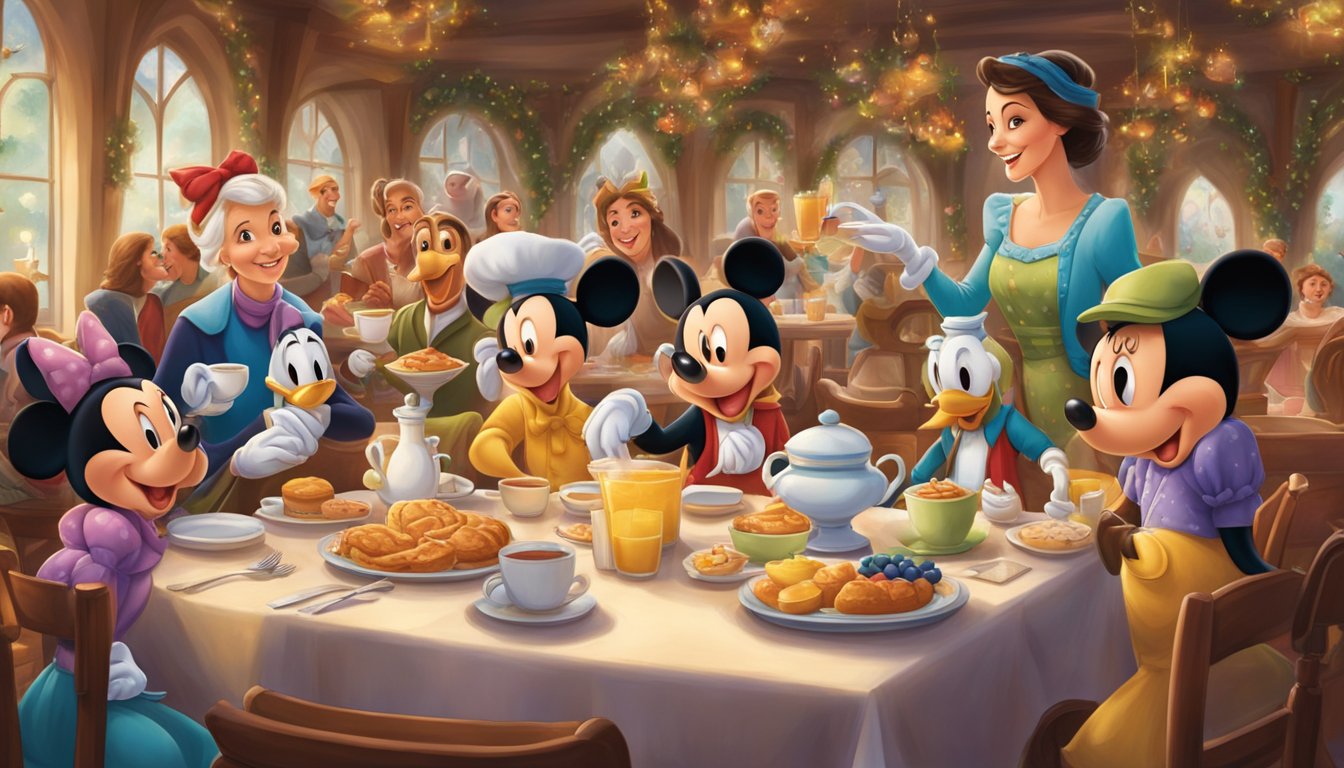 Festive Disney characters gather around a table at Magic Kingdom for a whimsical breakfast celebration