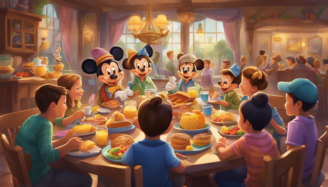 Families gather around a table at Disneyland California, enjoying a character breakfast with colorful decorations and a joyful atmosphere