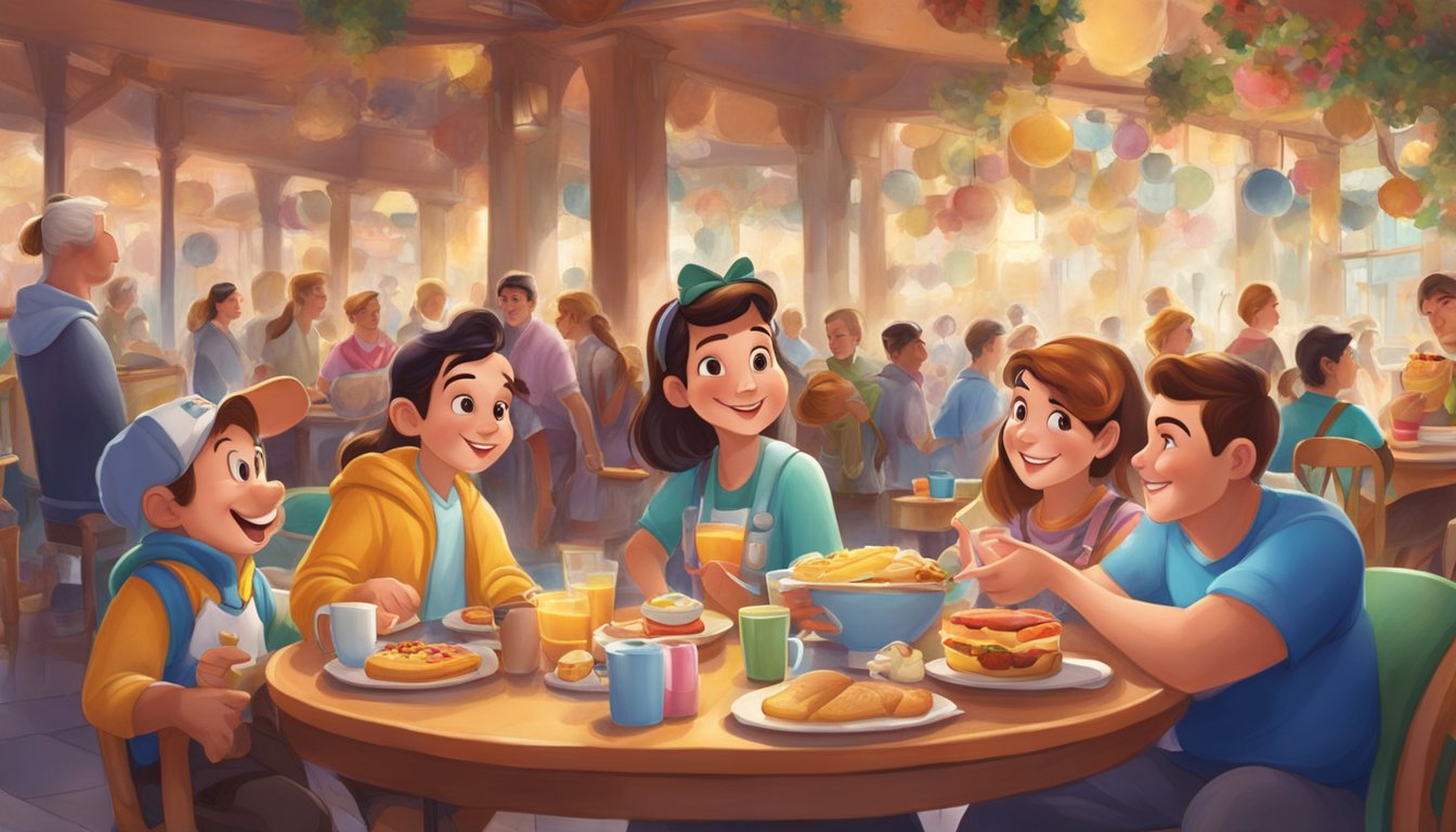 A colorful breakfast scene at Disneyland with wheelchair-accessible tables and characters interacting with guests