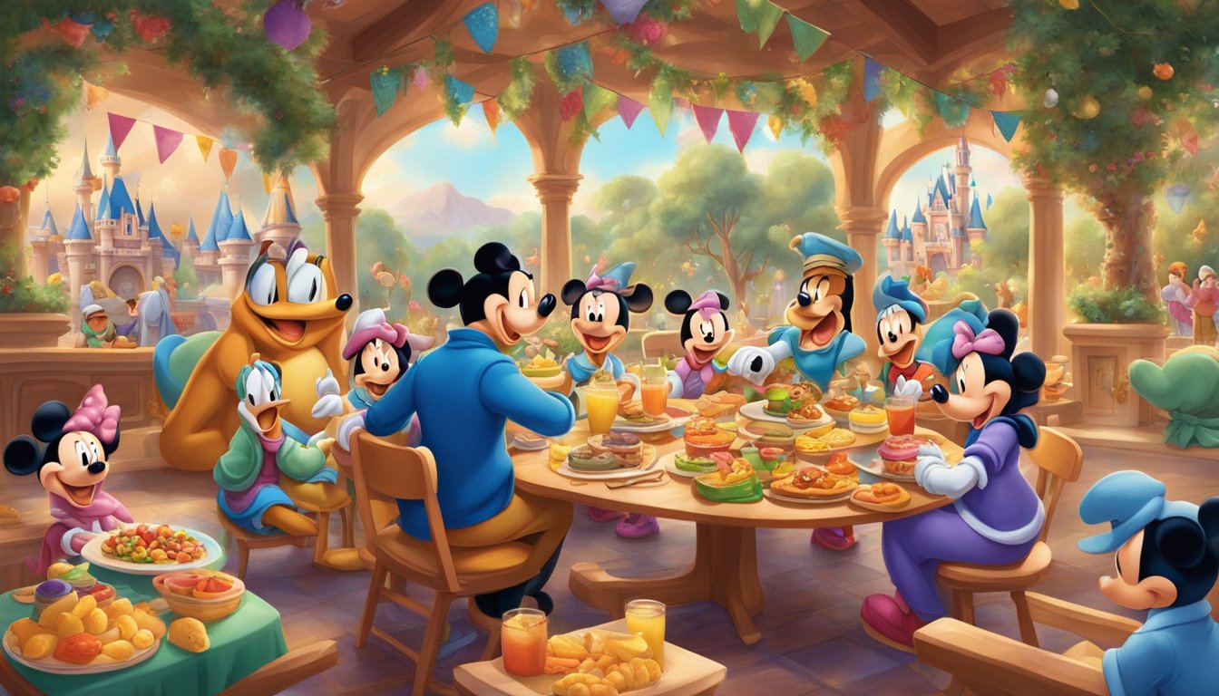 Festive Disney characters gather around a table with colorful breakfast foods, surrounded by happy families in a vibrant Disneyland California setting