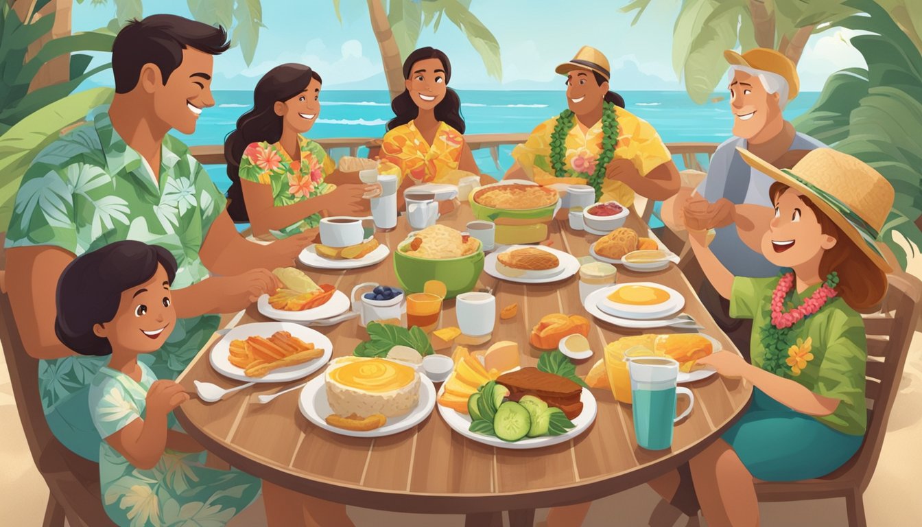 A Hawaiian-themed breakfast with characters, tables, and families enjoying the meal