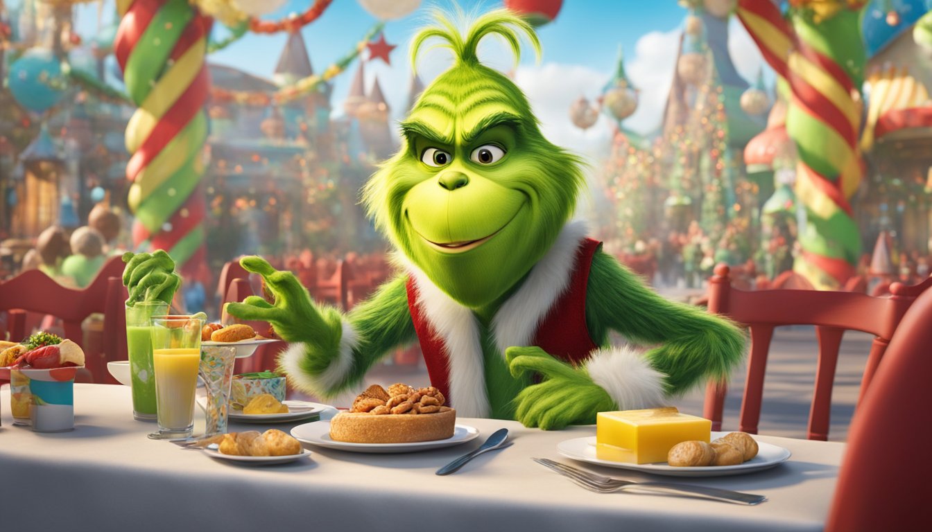 The Grinch character breakfast at Universal Orlando features whimsical decorations and colorful table settings, with the mischievous Grinch making a grand entrance to entertain guests