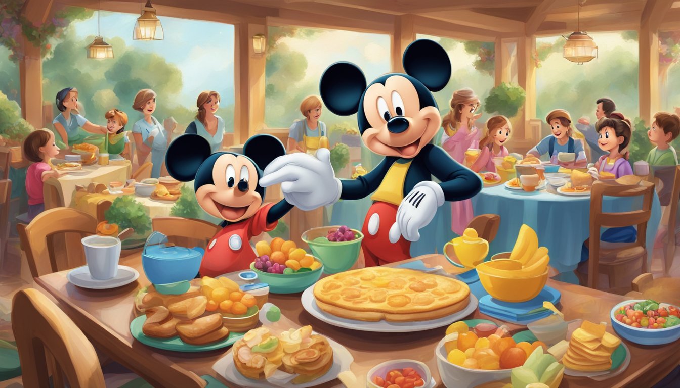 Mickey Mouse greets families at a character breakfast, surrounded by colorful decor and delicious food