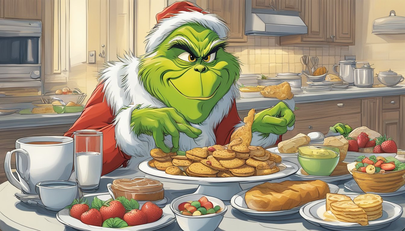 A grinch character surrounded by breakfast items, stealing food from the table