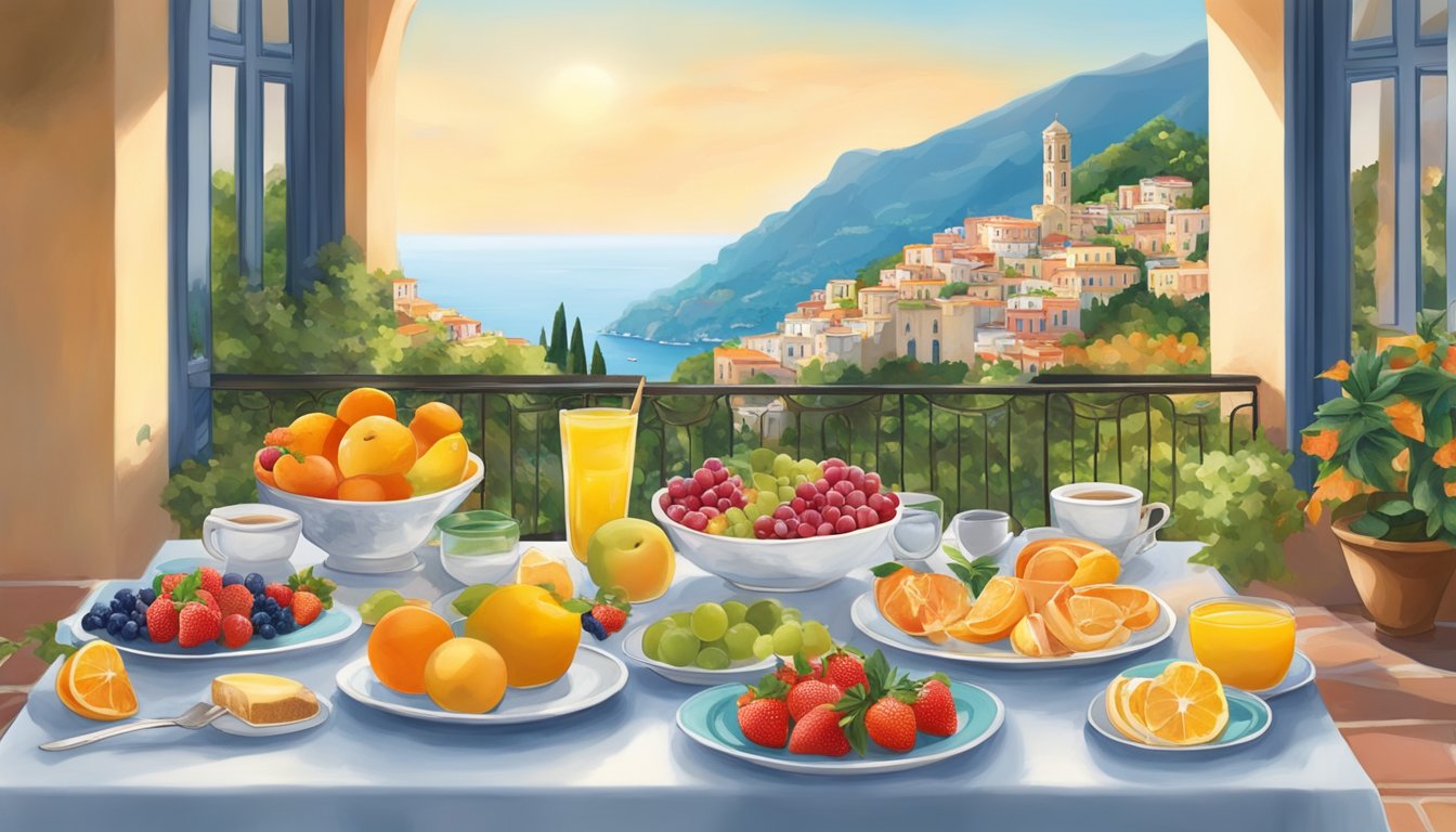 A table set with colorful dishes and fresh fruits, with a backdrop of the scenic town of Ravello, capturing the essence of a character breakfast