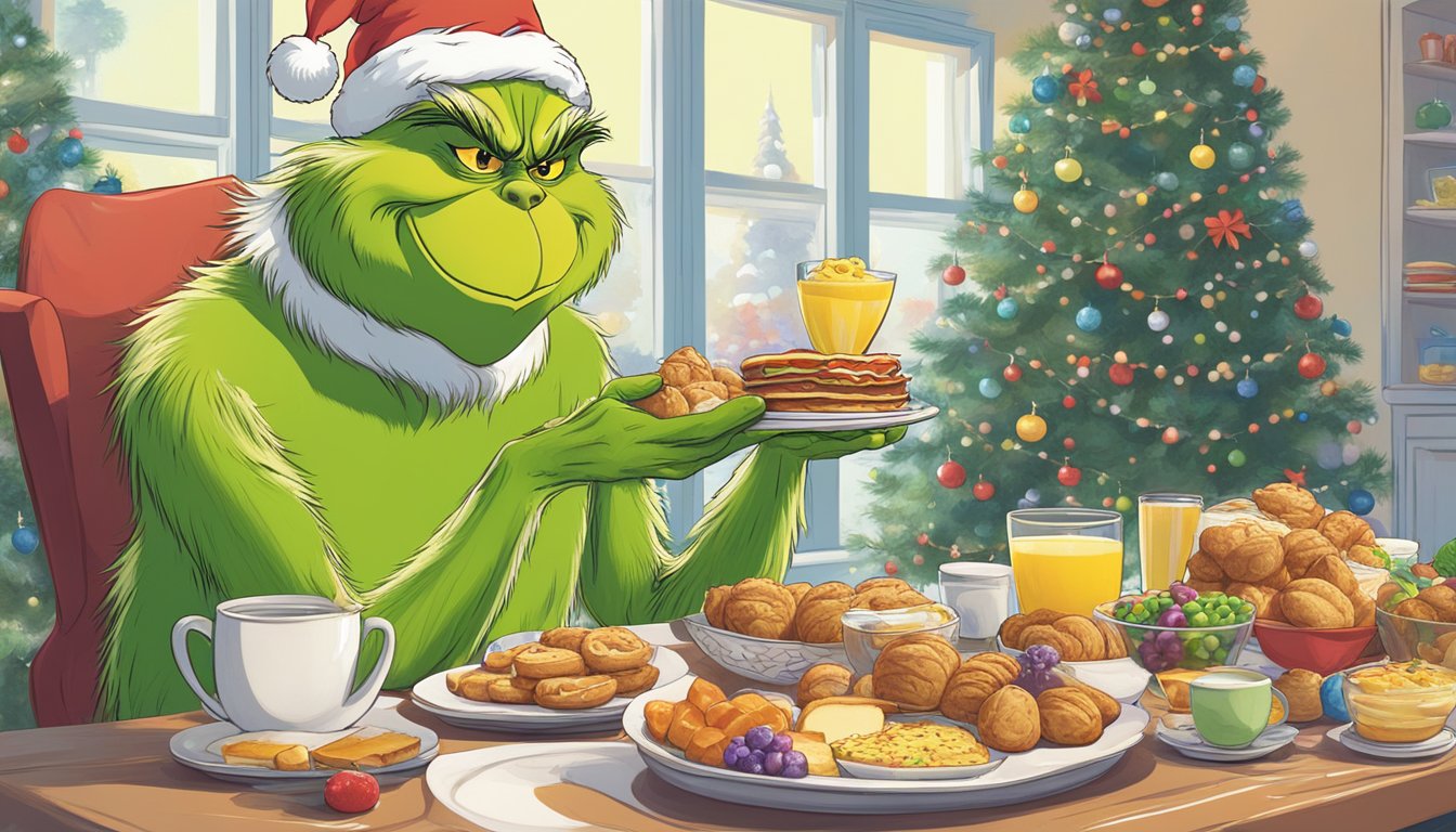 A grinch-like character enjoying a holiday-themed breakfast spread with festive delicacies