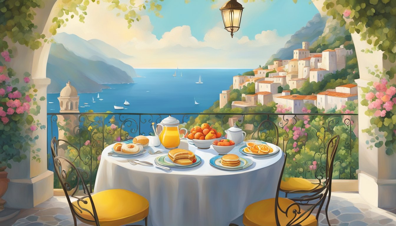 A charming character breakfast at Ravello, with colorful table settings and whimsical decor, set against a backdrop of stunning coastal views