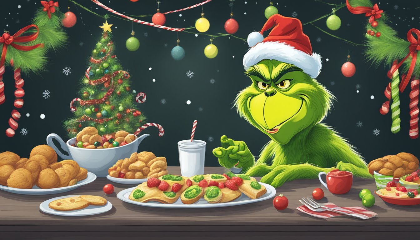 A grinch-themed breakfast table with festive decorations and pricing details displayed on a chalkboard