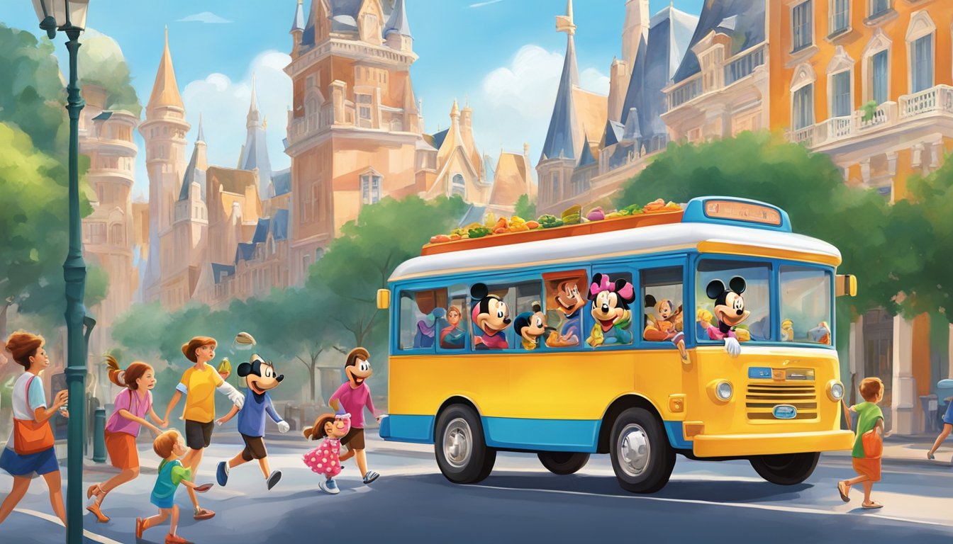 Families board a colorful shuttle bus to reach the Mickey Mouse character breakfast venue, passing by iconic landmarks and cheerful street vendors