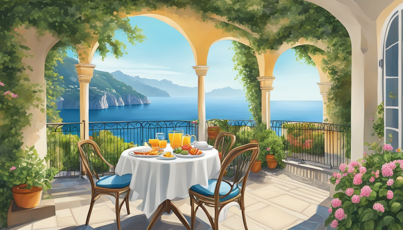 A charming outdoor terrace in Ravello, with a table set for breakfast overlooking the stunning Amalfi Coast