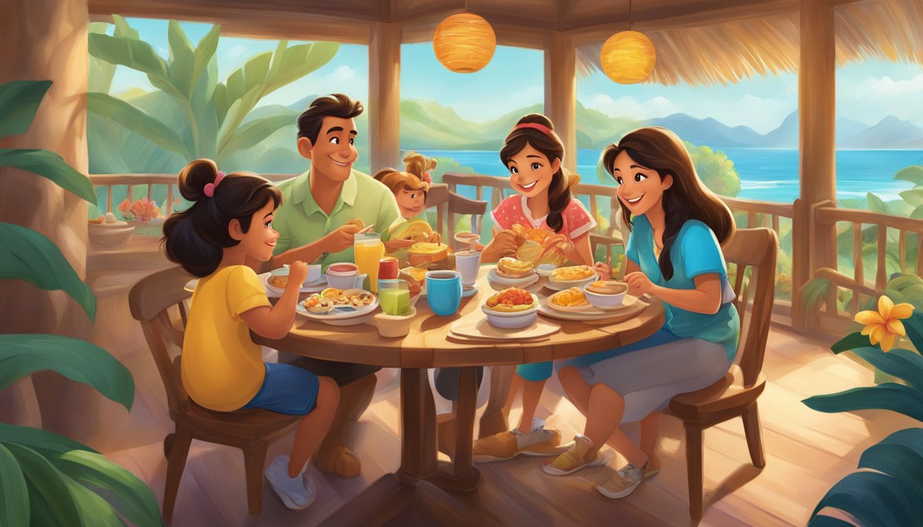 A family of Disney characters enjoying a lively breakfast at 'Ohana, with a tropical backdrop and colorful decor