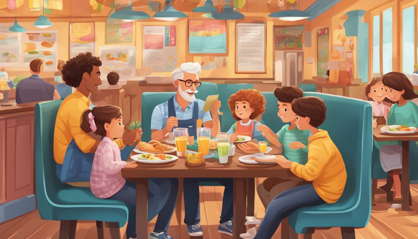 A family sits at a table, ordering breakfast with a menu in hand. The restaurant is filled with lively characters and colorful decorations