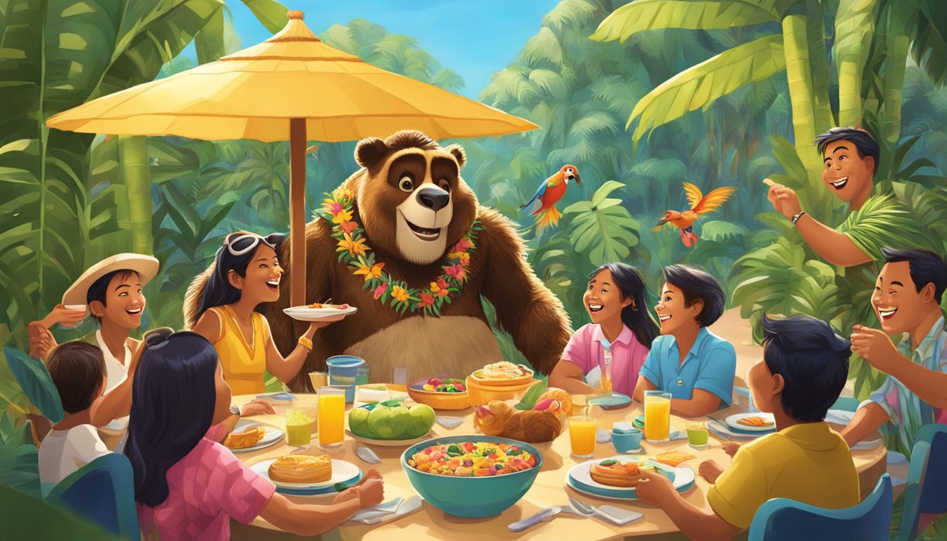 A lively character breakfast with costumed ohana interacting with guests in a vibrant, tropical setting