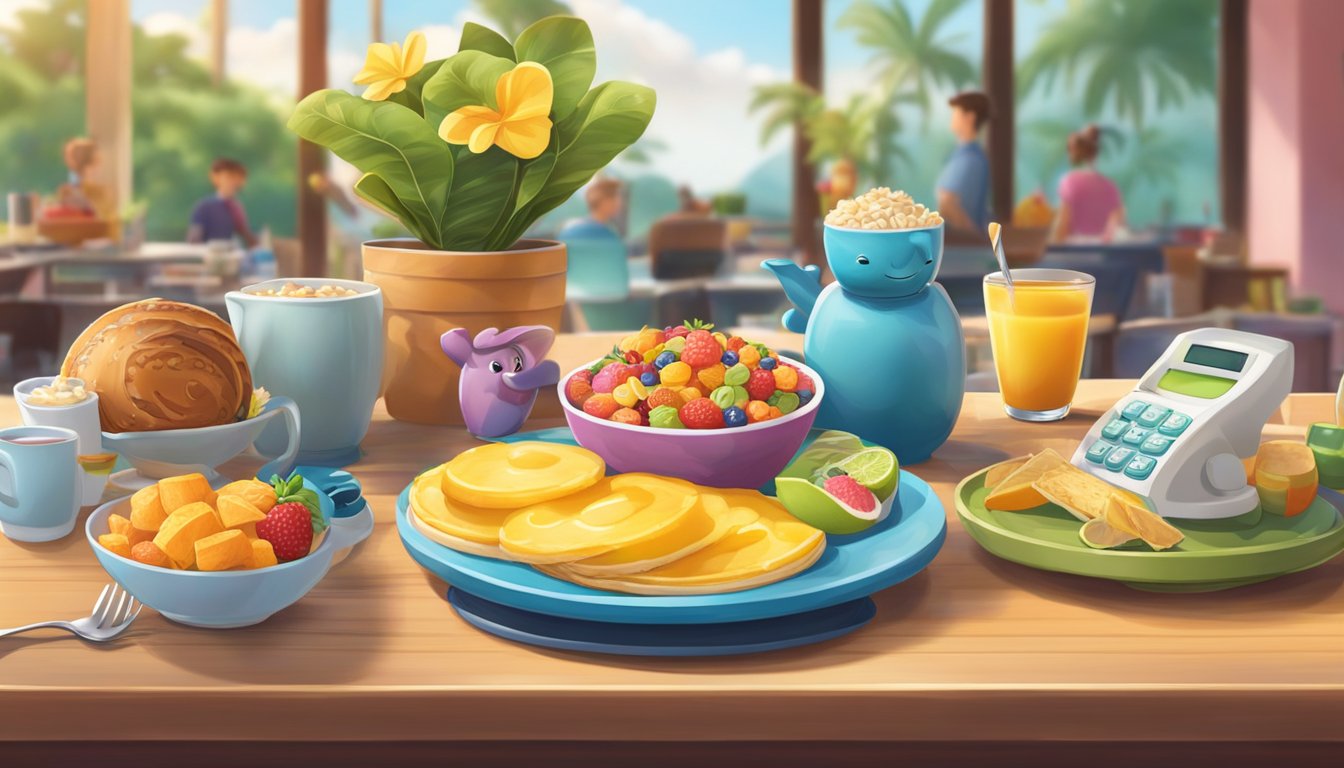 A colorful breakfast table with Ohana character-themed dishes and a cash register for payment