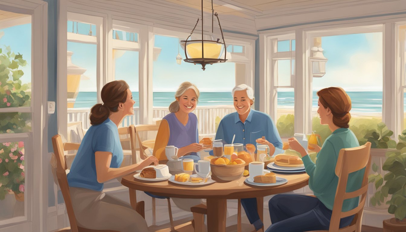 A cozy breakfast scene at Cape May, with a charming character interacting with guests