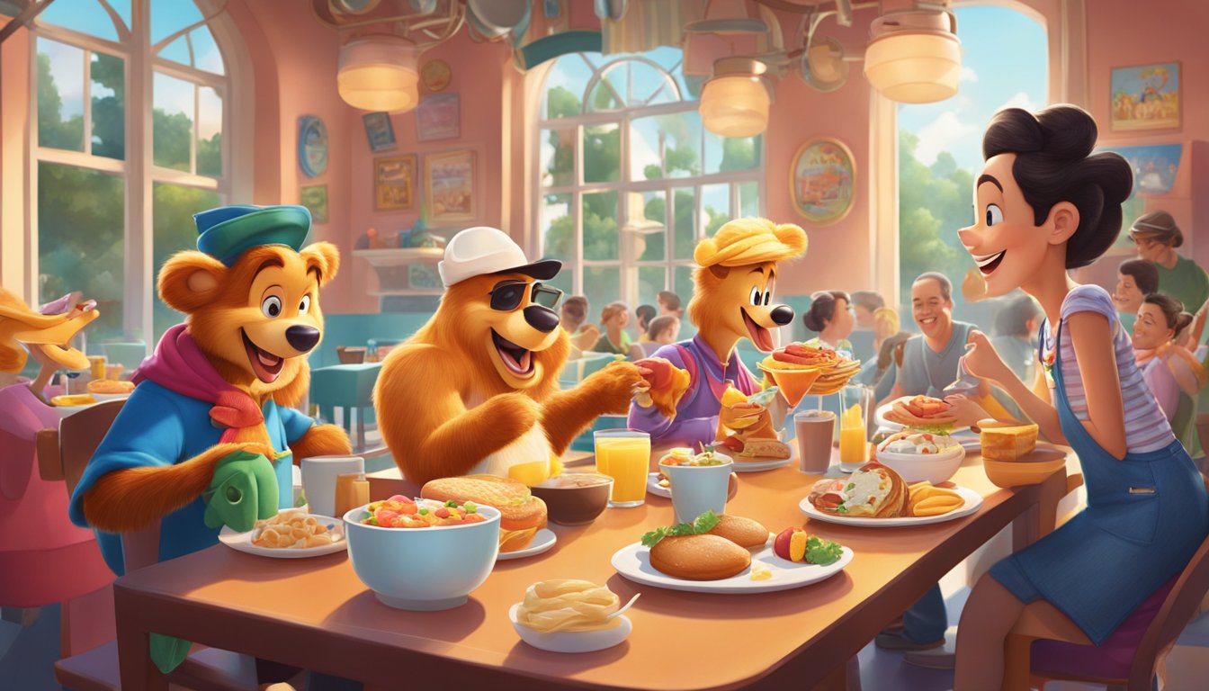 A colorful and lively breakfast scene at Hollywood Studios, with iconic characters interacting and enjoying their meal