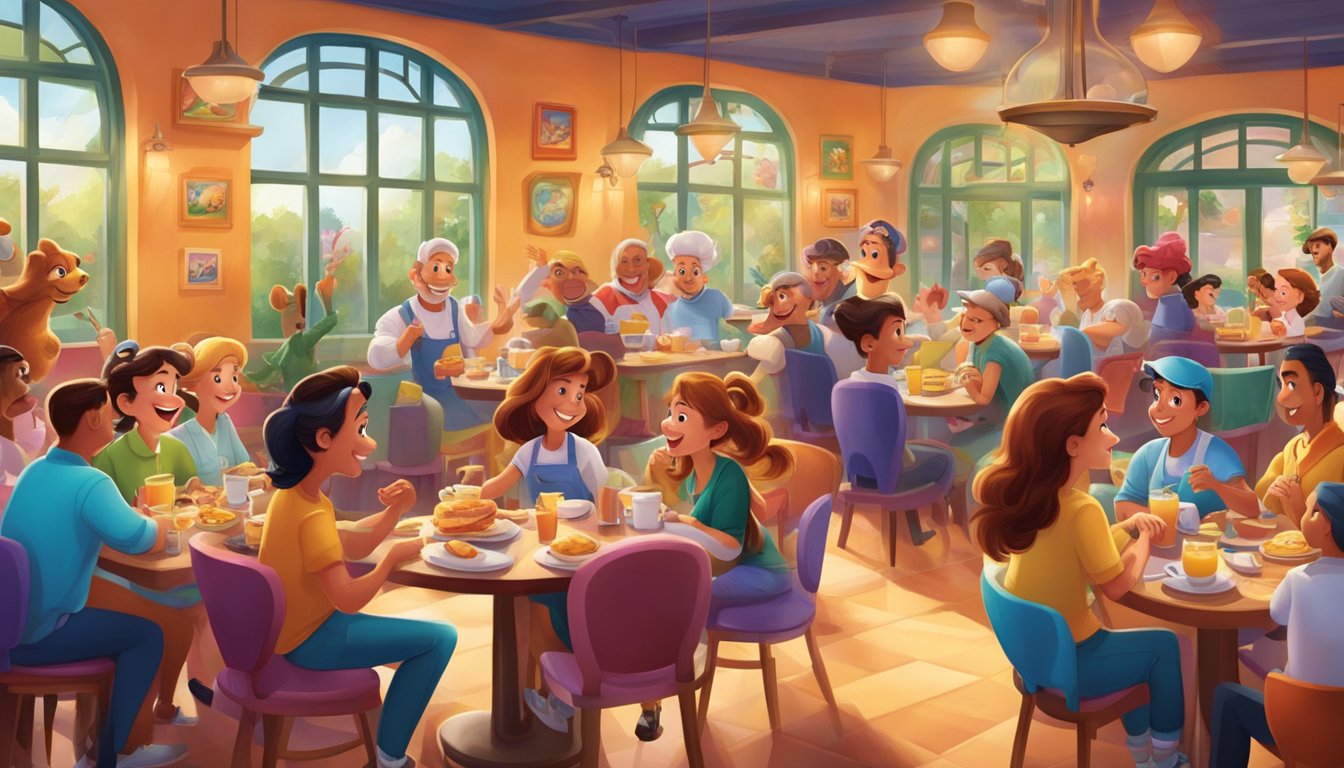 A lively breakfast scene with Disney characters interacting with guests at various dining tables in a colorful and vibrant restaurant setting