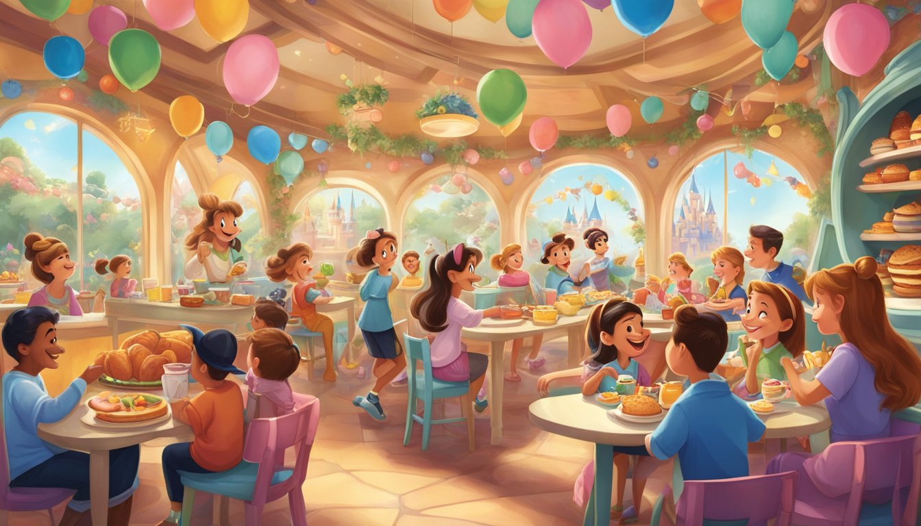 A whimsical character breakfast at Disneyland with colorful, larger-than-life food displays and beloved Disney characters interacting with excited children