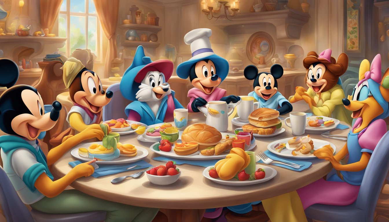 A group of Disney characters gather around a table set with colorful plates and cups for a lively breakfast at Disney World in Orlando