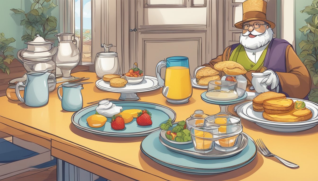 A table set with colorful plates and breakfast foods, with a costumed character standing nearby, ready to greet guests