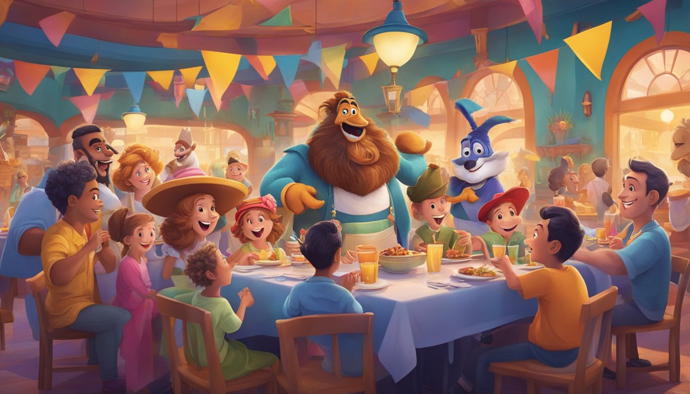 A group of costumed characters dine at a colorful restaurant, surrounded by excited families in Orlando