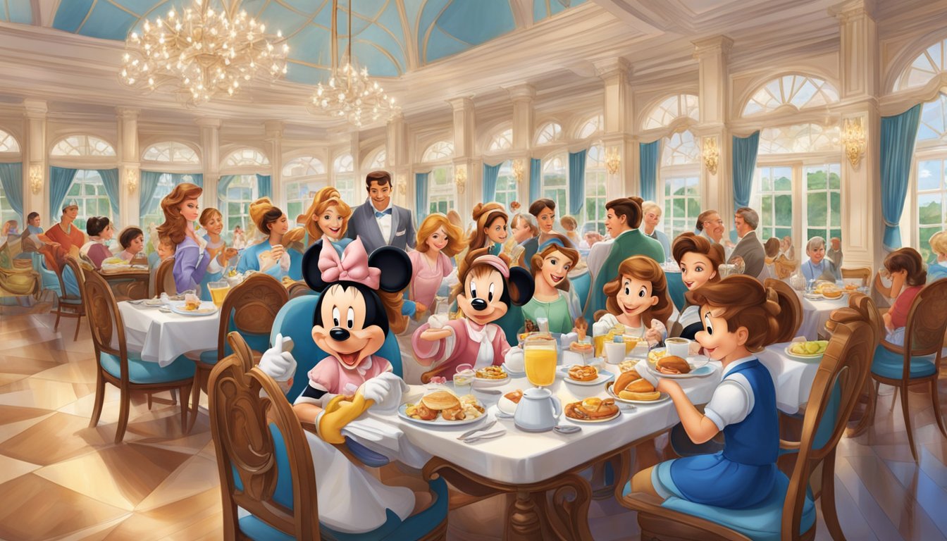 A lavish dining hall with Disney characters and families enjoying a grand breakfast at the Grand Floridian Resort