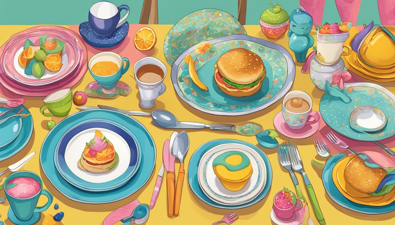 A colorful table set with character-themed plates, cups, and cutlery, surrounded by cheerful, larger-than-life character statues and vibrant, whimsical decor