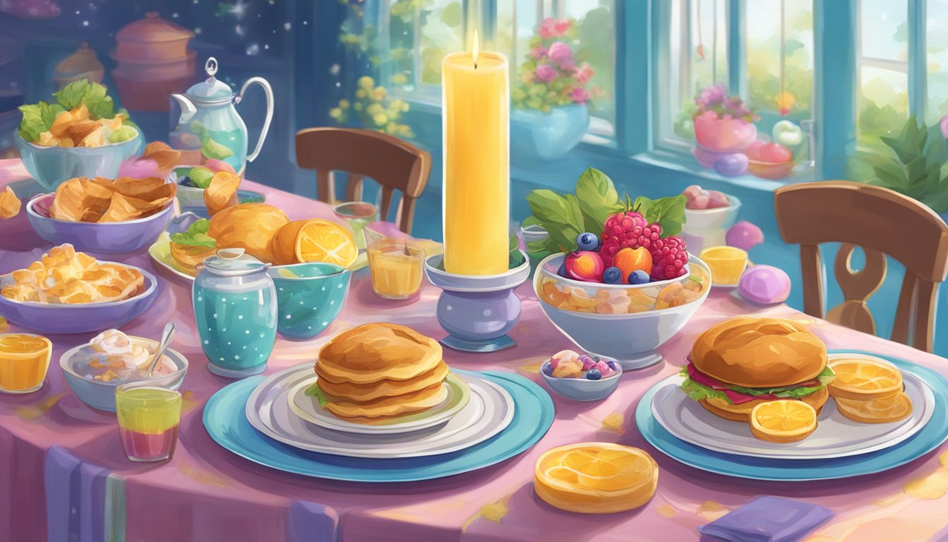 A colorful table set with whimsical dishes and magical decorations for a character breakfast at Orlando